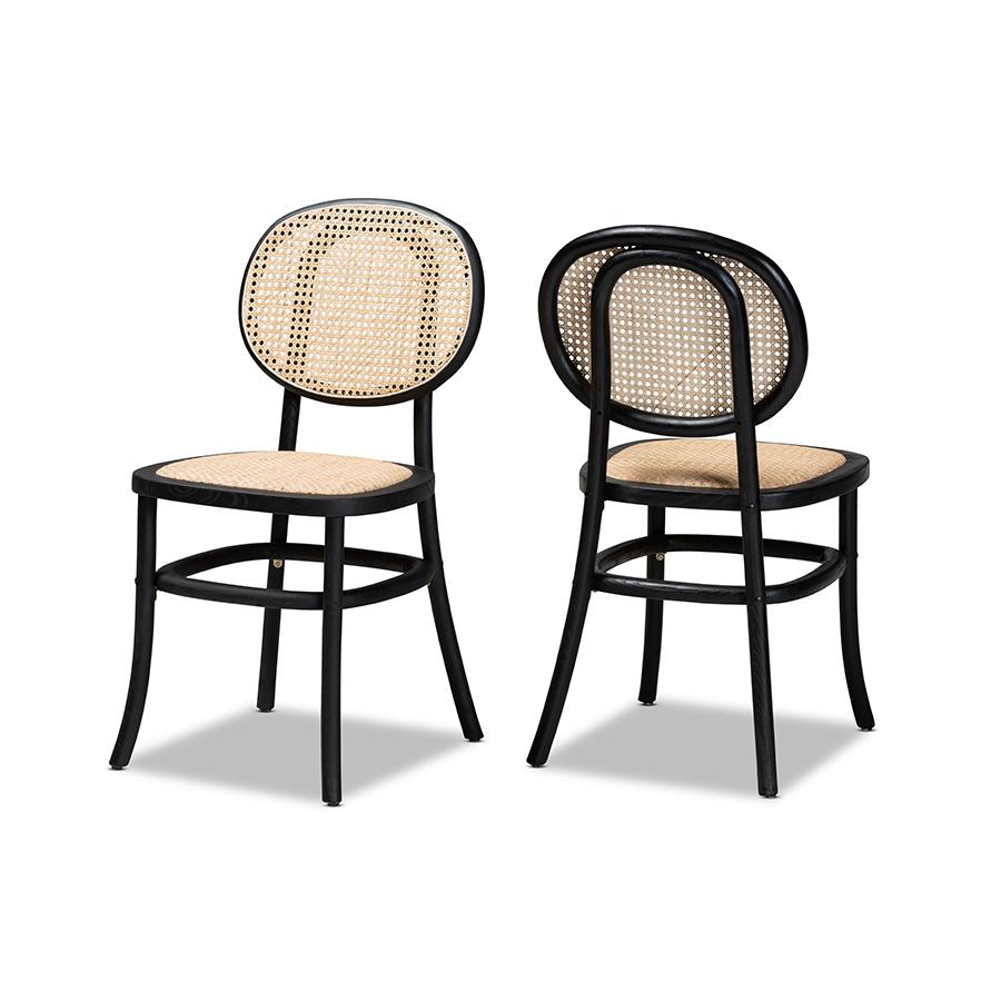 Brown Woven Rattan and Black Wood 2-Piece Cane Dining Chair Set. Picture 1