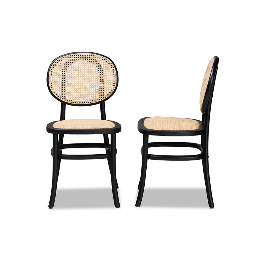 Brown Woven Rattan and Black Wood 2-Piece Cane Dining Chair Set. Picture 3