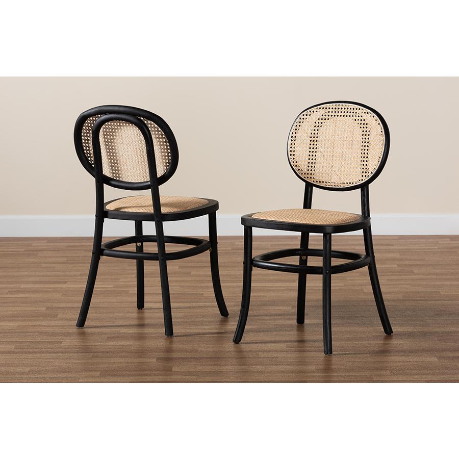 Brown Woven Rattan and Black Wood 2-Piece Cane Dining Chair Set. Picture 8