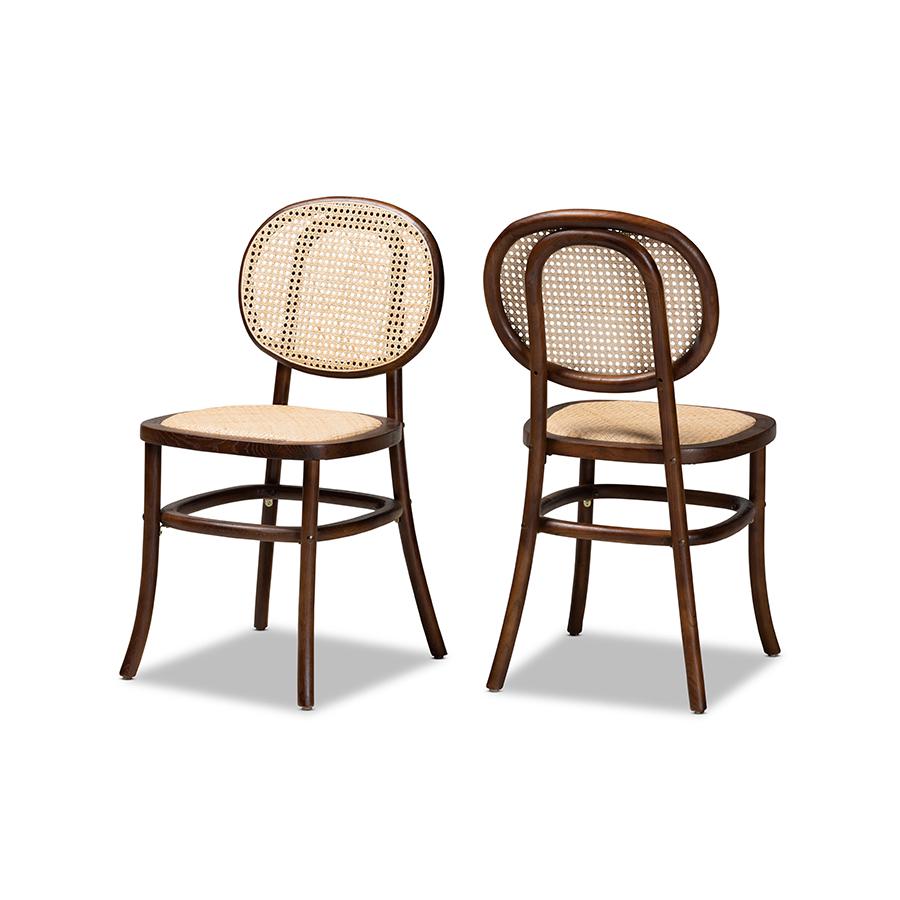 Brown Woven Rattan and Walnut Brown Wood 2-Piece Cane Dining Chair Set. Picture 1
