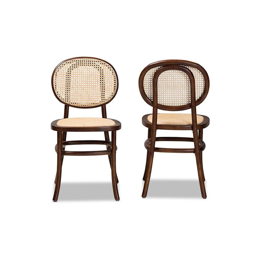 Brown Woven Rattan and Walnut Brown Wood 2-Piece Cane Dining Chair Set. Picture 2