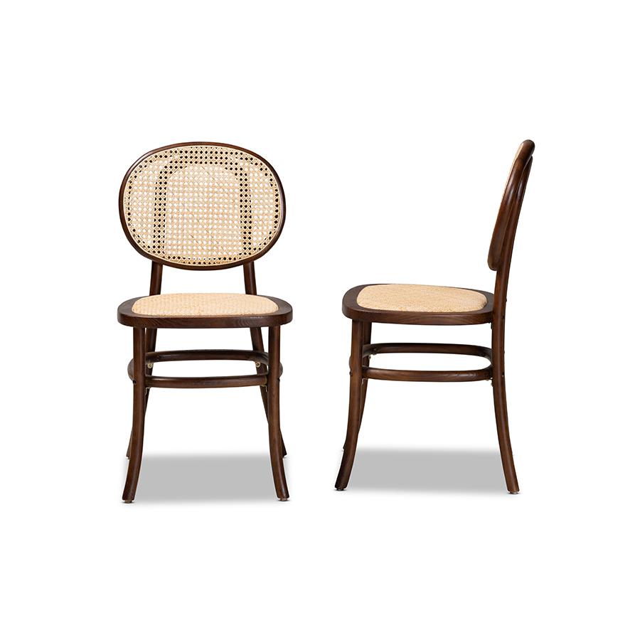 Brown Woven Rattan and Walnut Brown Wood 2-Piece Cane Dining Chair Set. Picture 3