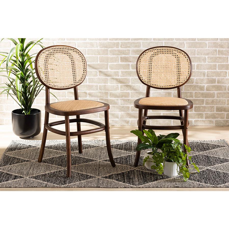 Brown Woven Rattan and Walnut Brown Wood 2-Piece Cane Dining Chair Set. Picture 7