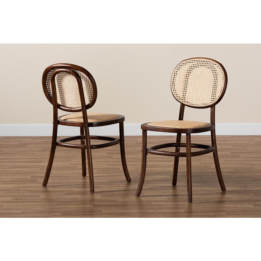 Brown Woven Rattan and Walnut Brown Wood 2-Piece Cane Dining Chair Set. Picture 8