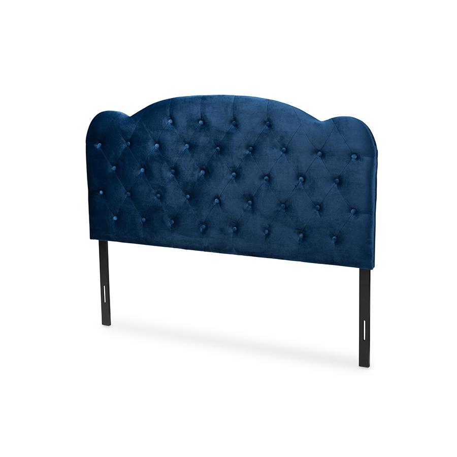 Navy Blue Velvet Fabric Upholstered Queen Size Headboard. Picture 1
