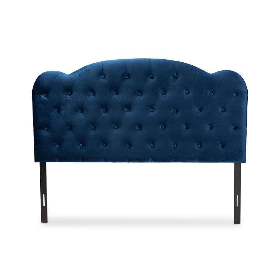 Navy Blue Velvet Fabric Upholstered Queen Size Headboard. Picture 2