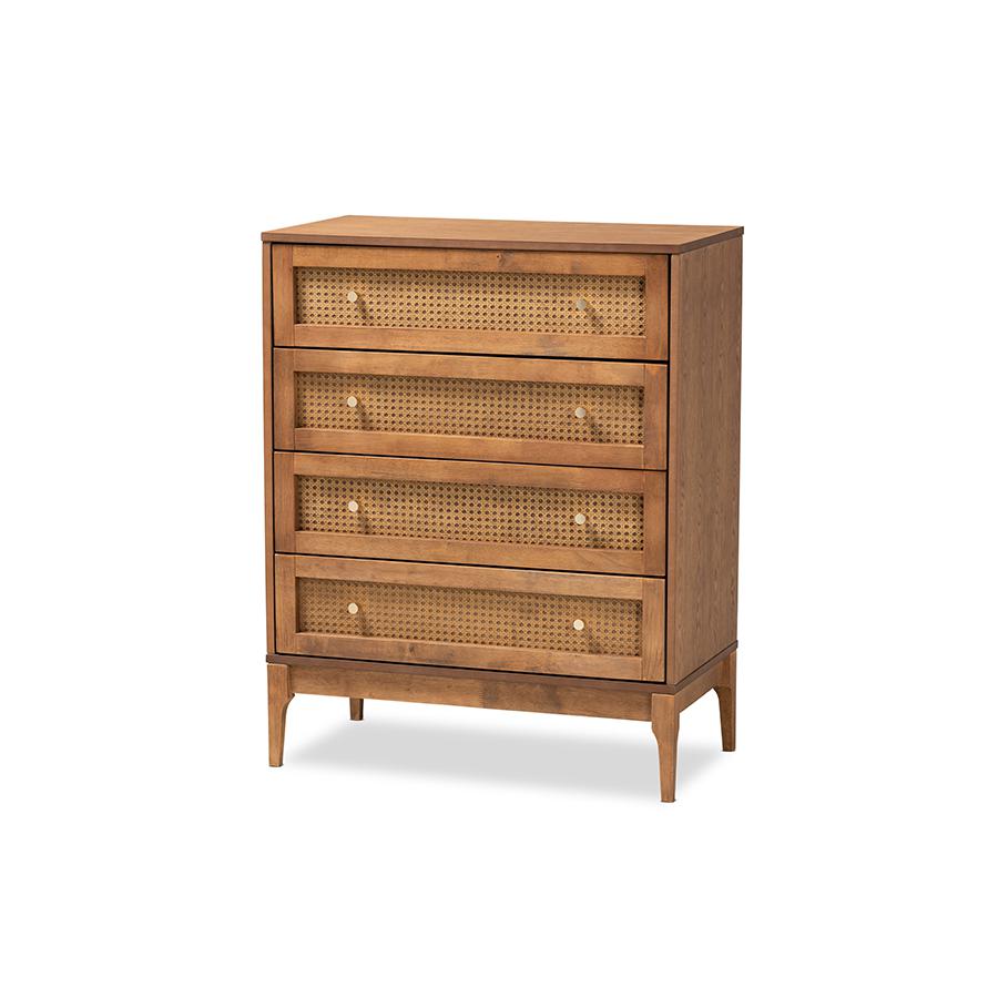 Ramiel Mid-Century Modern Ash Walnut Finished Wood and Rattan 4-Drawer Chest. Picture 1