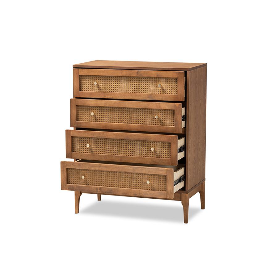 Ramiel Mid-Century Modern Ash Walnut Finished Wood and Rattan 4-Drawer Chest. Picture 2