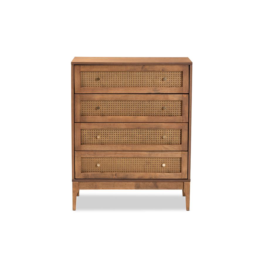 Ramiel Mid-Century Modern Ash Walnut Finished Wood and Rattan 4-Drawer Chest. Picture 3