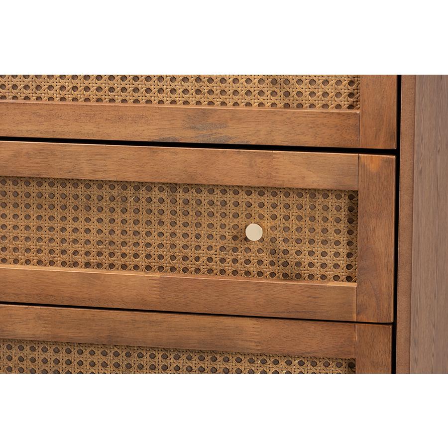 Ramiel Mid-Century Modern Ash Walnut Finished Wood and Rattan 4-Drawer Chest. Picture 5