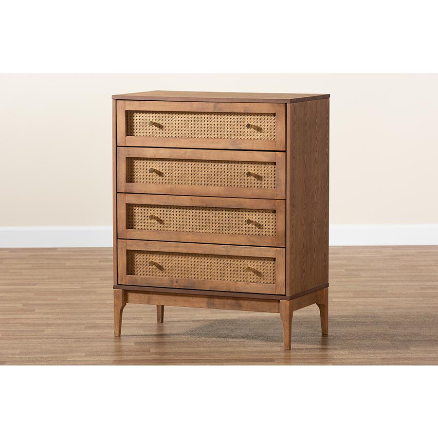 Ramiel Mid-Century Modern Ash Walnut Finished Wood and Rattan 4-Drawer Chest. Picture 9