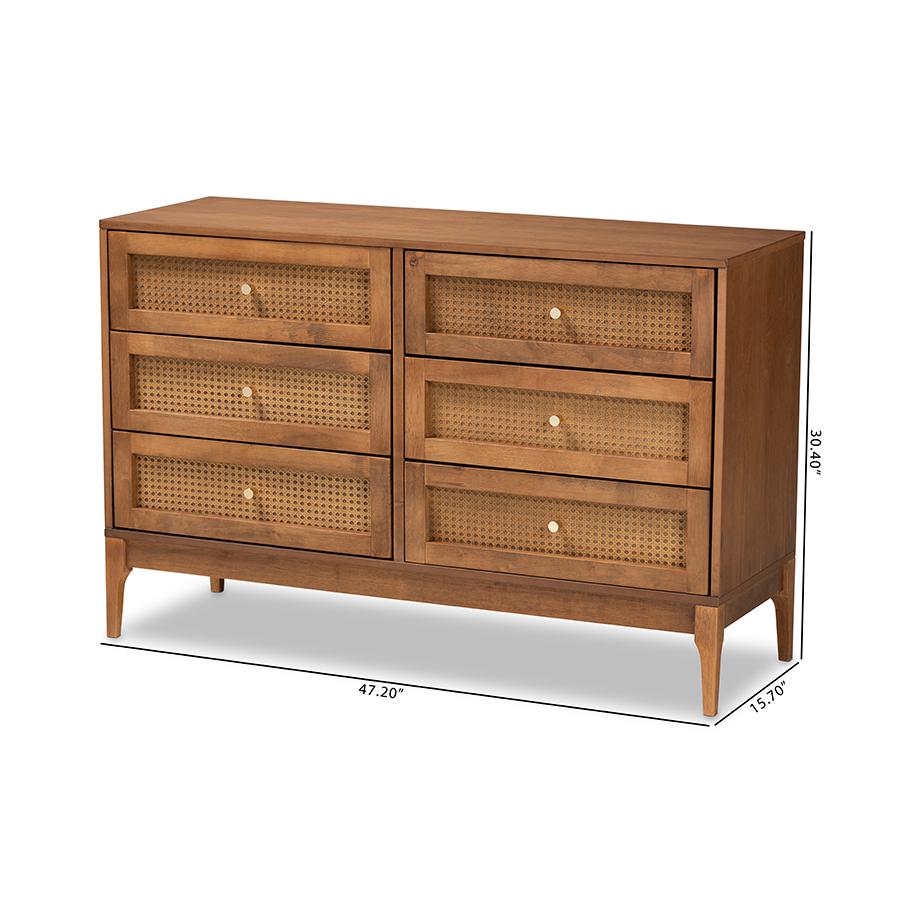 Ramiel Mid-Century Modern Ash Walnut Finished Wood and Rattan 6-Drawer Dresser. Picture 10