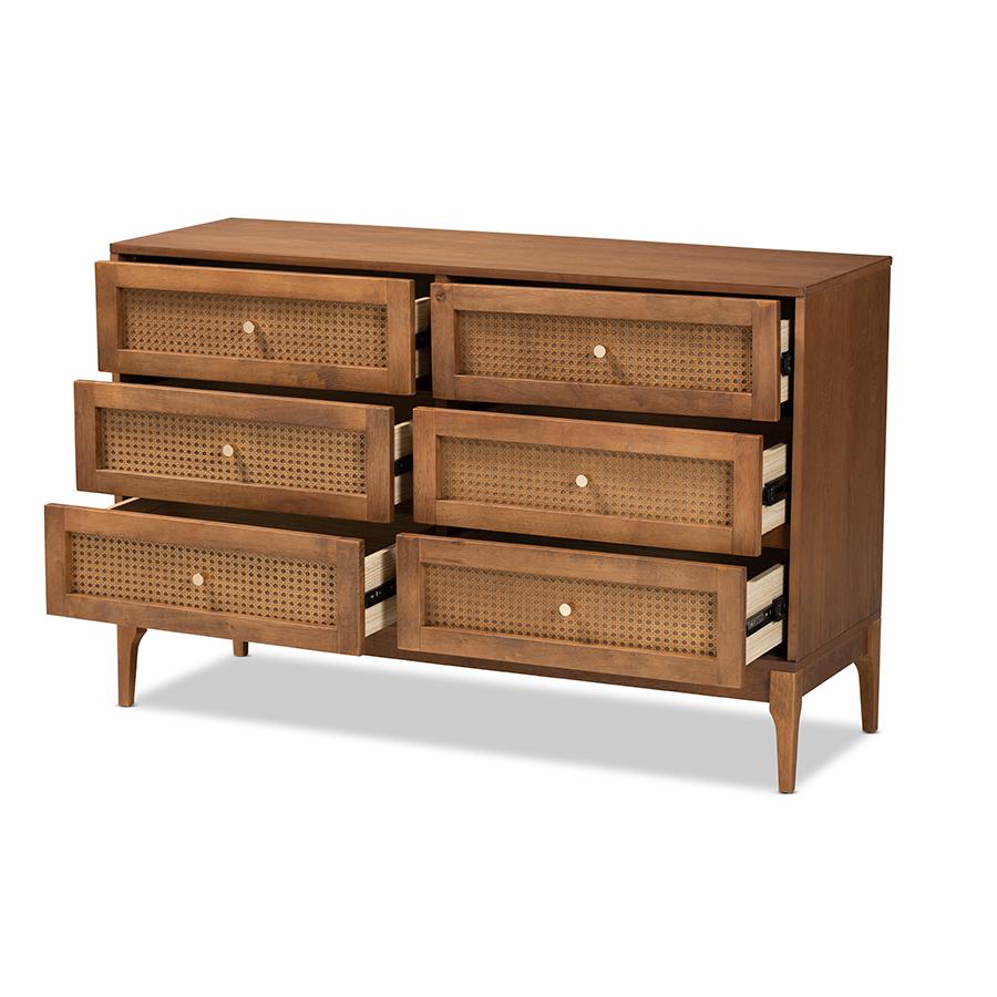 Ramiel Mid-Century Modern Ash Walnut Finished Wood and Rattan 6-Drawer Dresser. Picture 2