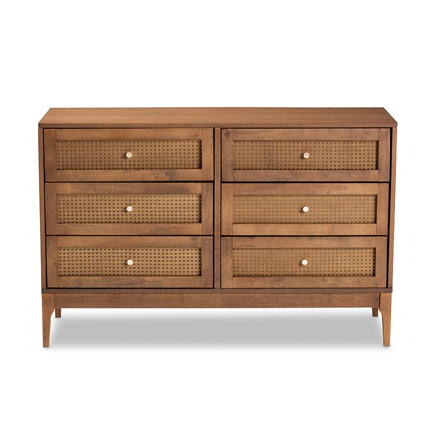 Ramiel Mid-Century Modern Ash Walnut Finished Wood and Rattan 6-Drawer Dresser. Picture 3