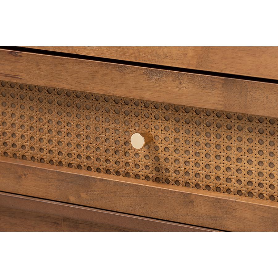 Ramiel Mid-Century Modern Ash Walnut Finished Wood and Rattan 6-Drawer Dresser. Picture 5