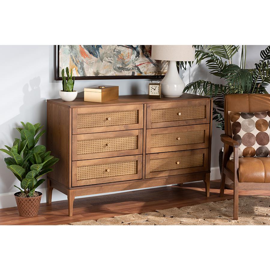 Ramiel Mid-Century Modern Ash Walnut Finished Wood and Rattan 6-Drawer Dresser. Picture 8