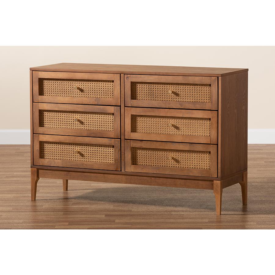 Ramiel Mid-Century Modern Ash Walnut Finished Wood and Rattan 6-Drawer Dresser. Picture 9