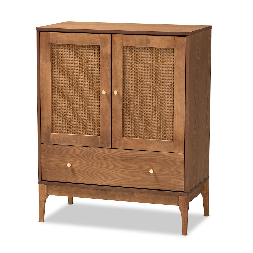 Ramiel Mid-Century Modern Ash Walnut Finished Wood and Rattan 1-Drawer Sideboard. Picture 2