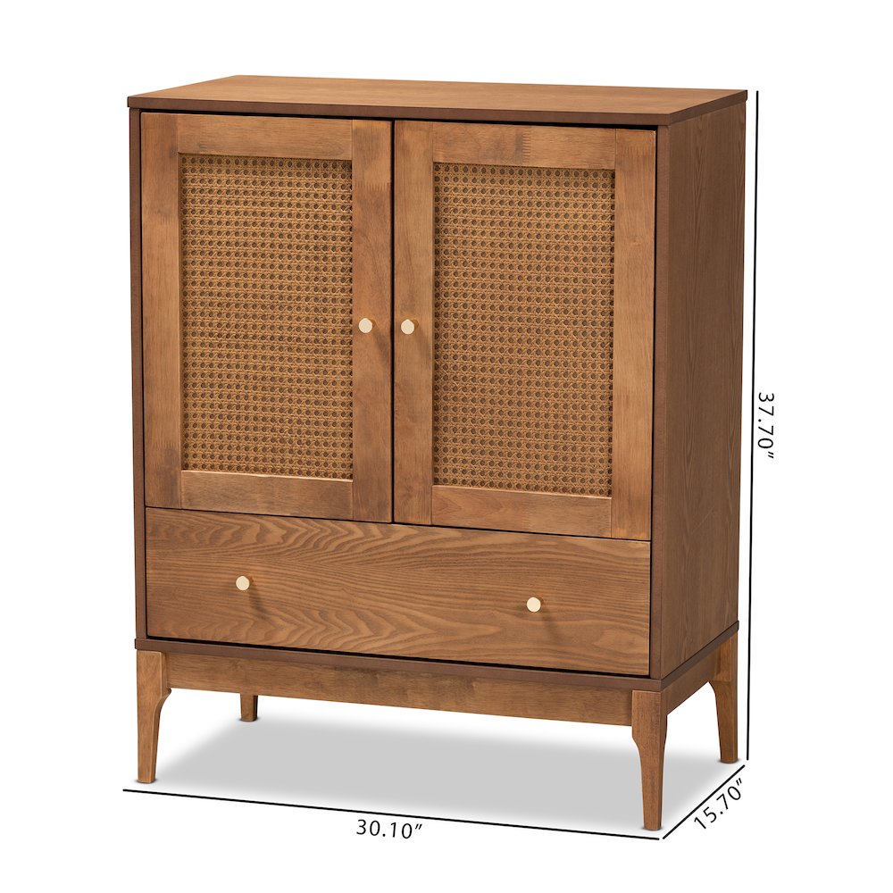 Ramiel Mid-Century Modern Ash Walnut Finished Wood and Rattan 1-Drawer Sideboard. Picture 10