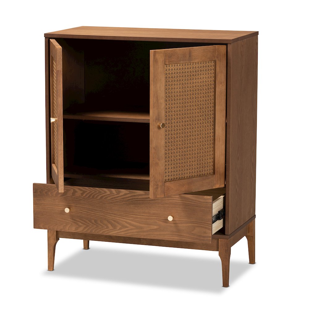 Ramiel Mid-Century Modern Ash Walnut Finished Wood and Rattan 1-Drawer Sideboard. Picture 1