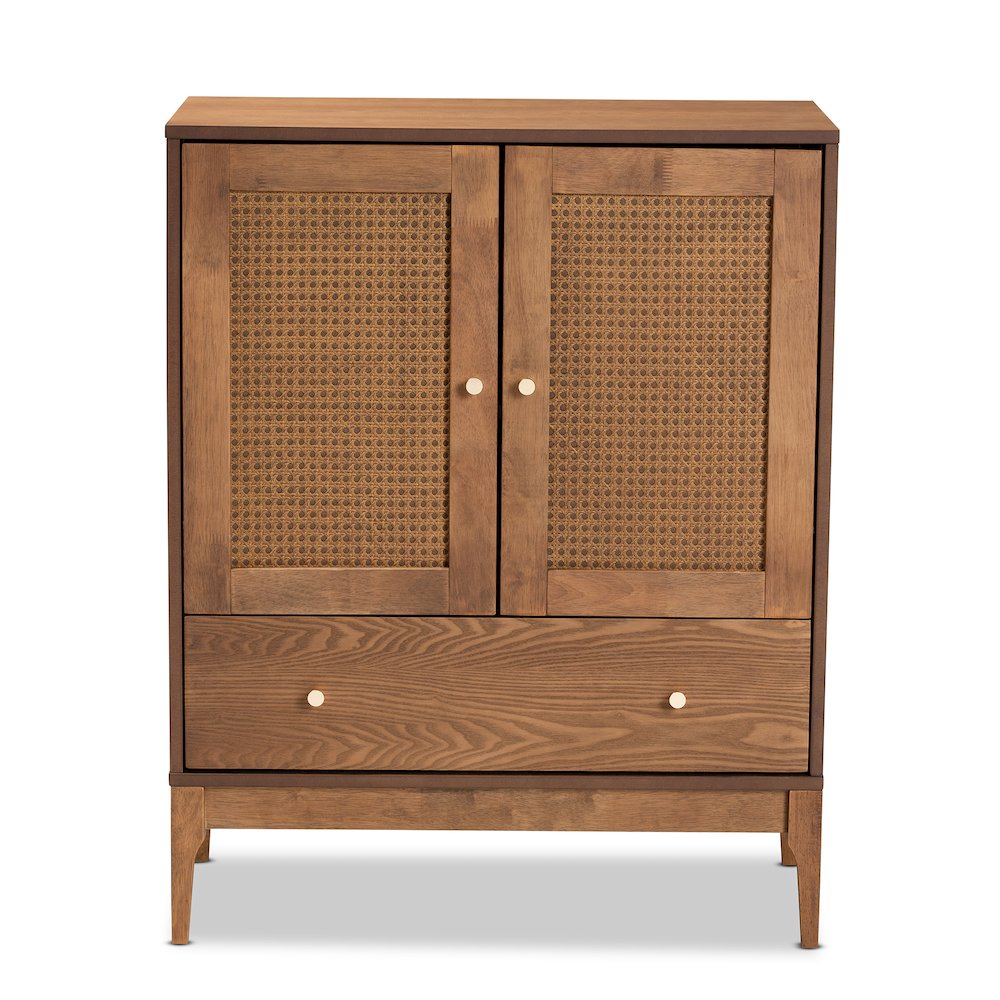 Ramiel Mid-Century Modern Ash Walnut Finished Wood and Rattan 1-Drawer Sideboard. Picture 3