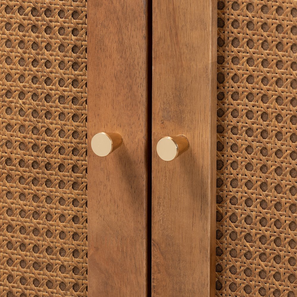 Ramiel Mid-Century Modern Ash Walnut Finished Wood and Rattan 1-Drawer Sideboard. Picture 5