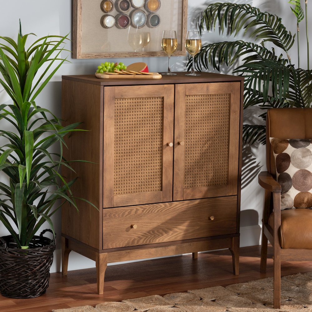 Ramiel Mid-Century Modern Ash Walnut Finished Wood and Rattan 1-Drawer Sideboard. Picture 8