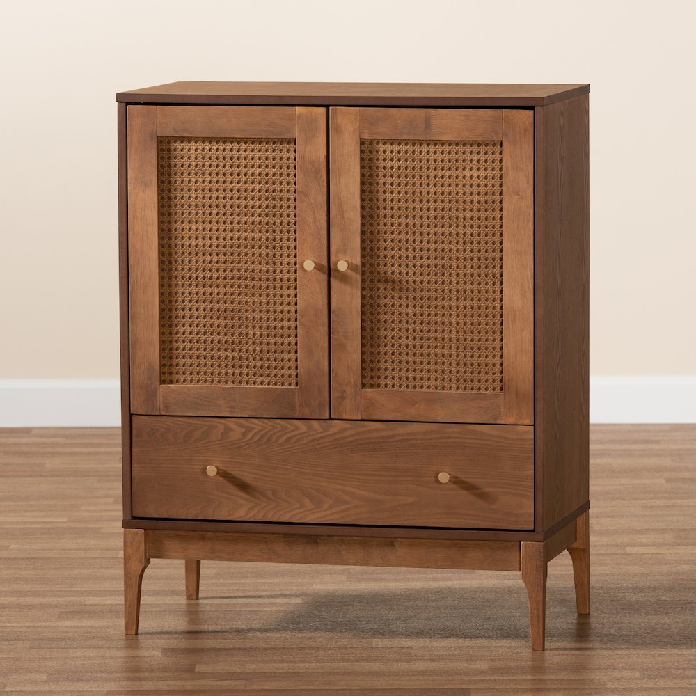 Ramiel Mid-Century Modern Ash Walnut Finished Wood and Rattan 1-Drawer Sideboard. Picture 9