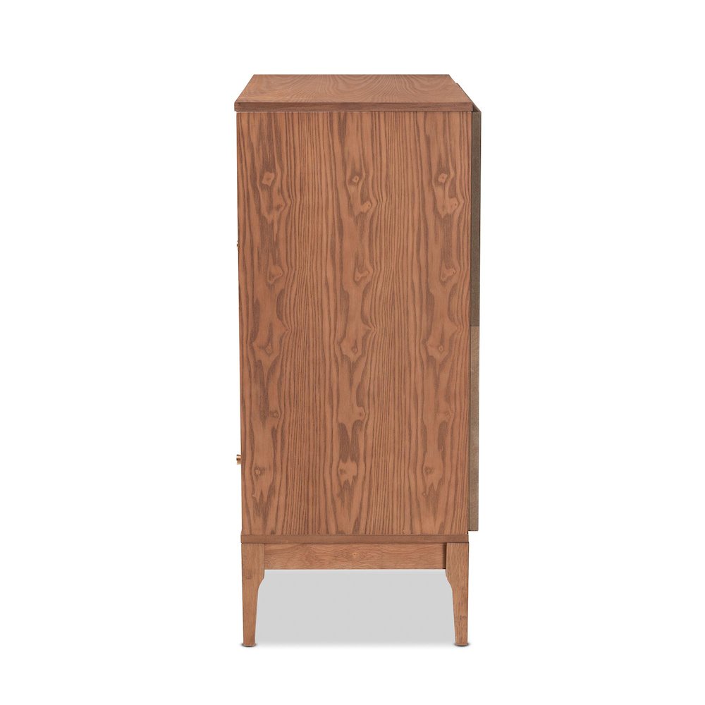 Ramiel Mid-Century Modern Ash Walnut Finished Wood and Rattan 1-Drawer Sideboard. Picture 4