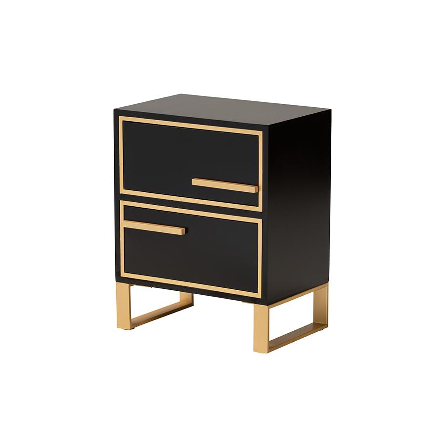 Baxton Studio Giolla Contemporary Glam and Luxe Black Finished Wood and Gold Metal 2-Drawer Nightstand. Picture 1