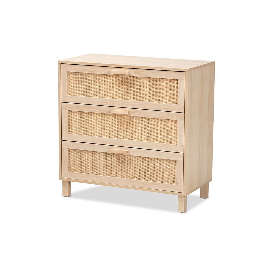 Baxton Studio Sebille Mid-Century Modern Light Brown Finished Wood 3-Drawer Storage Chest with Natural Rattan. Picture 1