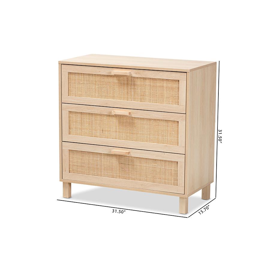 Baxton Studio Sebille Mid-Century Modern Light Brown Finished Wood 3-Drawer Storage Chest with Natural Rattan. Picture 10