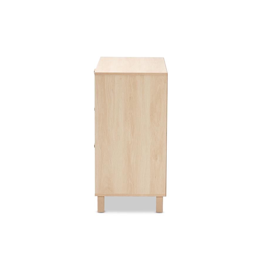 Baxton Studio Sebille Mid-Century Modern Light Brown Finished Wood 3-Drawer Storage Chest with Natural Rattan. Picture 4