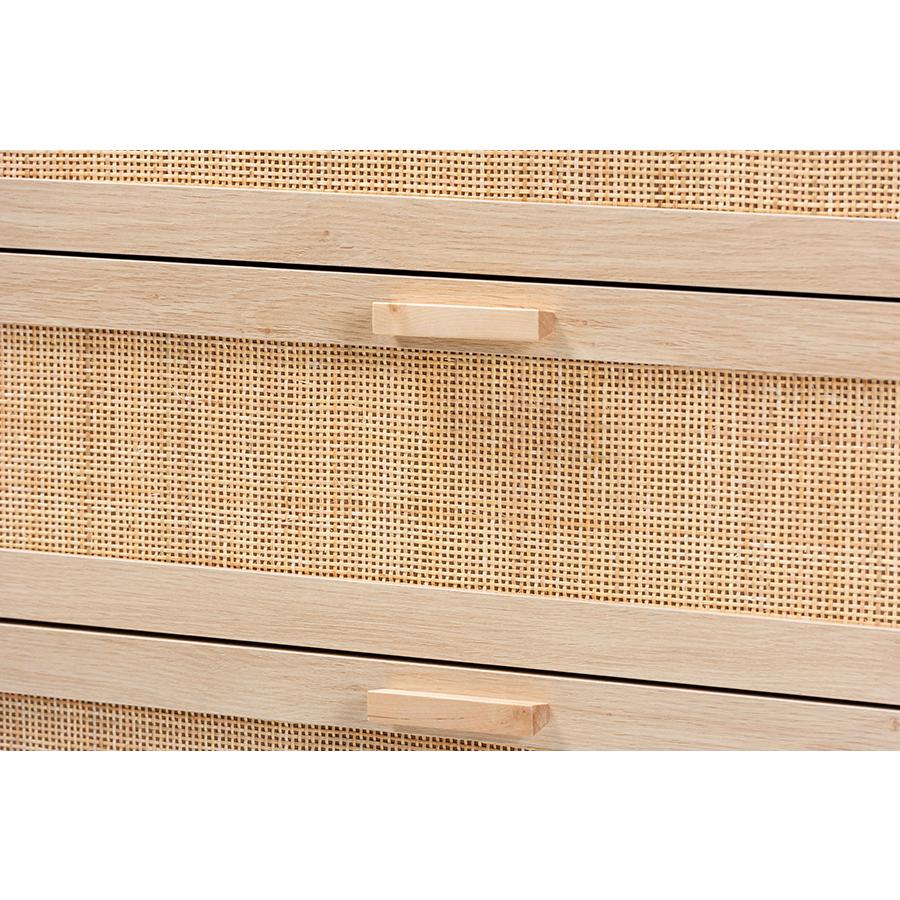 Baxton Studio Sebille Mid-Century Modern Light Brown Finished Wood 3-Drawer Storage Chest with Natural Rattan. Picture 5