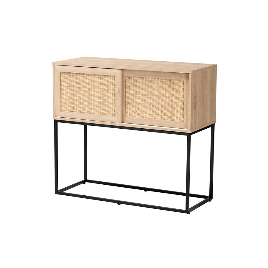 Transitional Natural Brown Finished Wood and Natural Rattan Sideboard Buffet. Picture 1