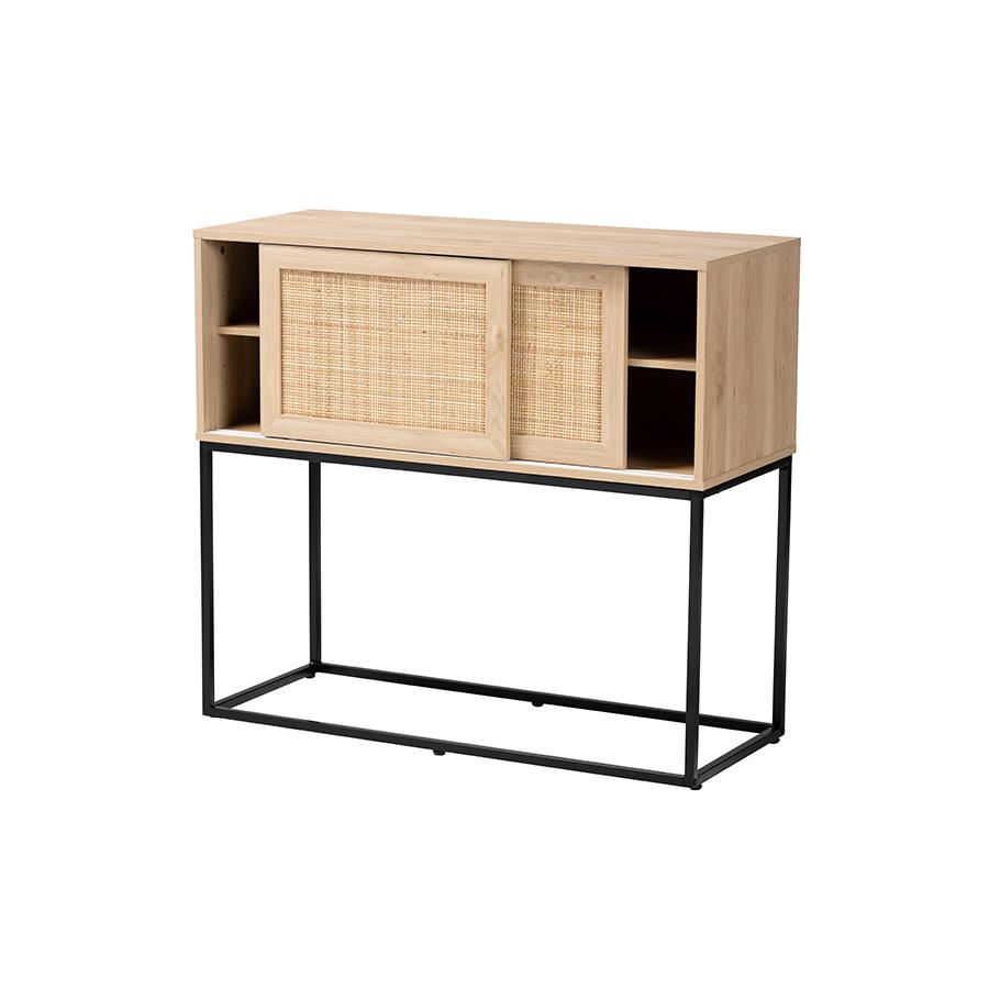 Transitional Natural Brown Finished Wood and Natural Rattan Sideboard Buffet. Picture 2