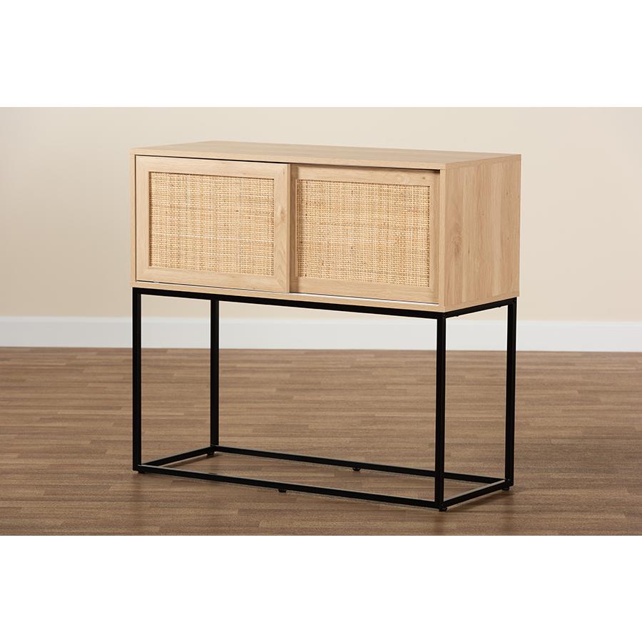 Transitional Natural Brown Finished Wood and Natural Rattan Sideboard Buffet. Picture 9