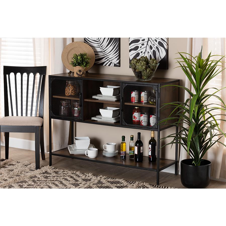 Industrial Walnut Brown Finished Wood and Black Metal 2-Door Sideboard. Picture 8