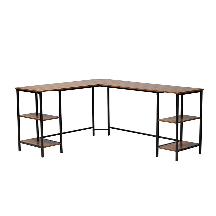 Walnut Brown Finished Wood and Black Metal L-Shaped Corner Desk with Shelves. Picture 1
