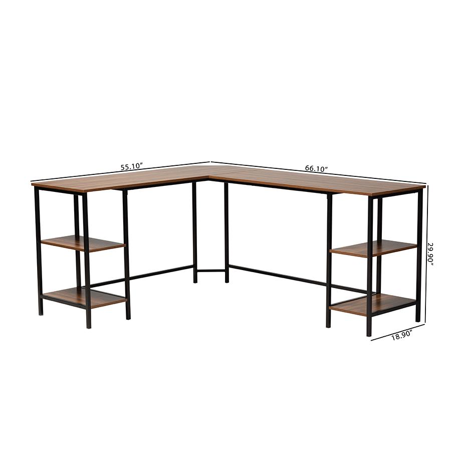 Walnut Brown Finished Wood and Black Metal L-Shaped Corner Desk with Shelves. Picture 10