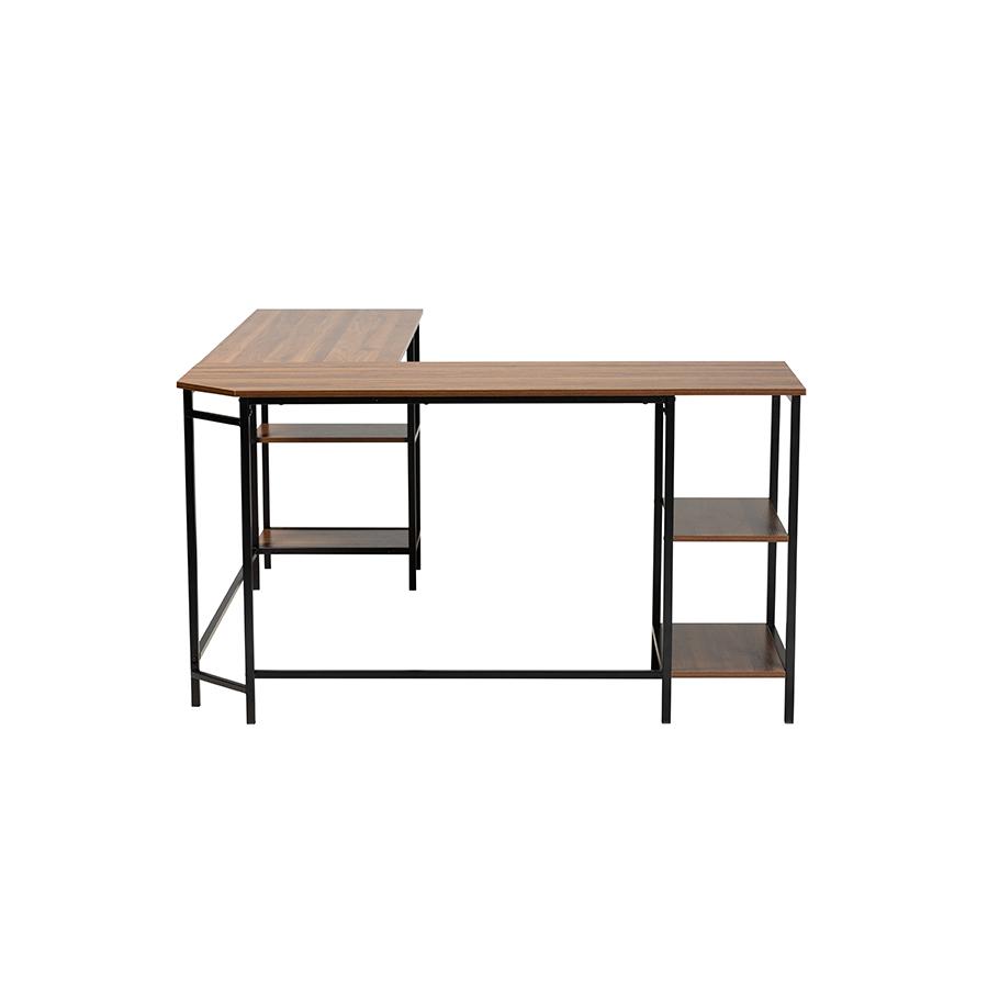 Walnut Brown Finished Wood and Black Metal L-Shaped Corner Desk with Shelves. Picture 3