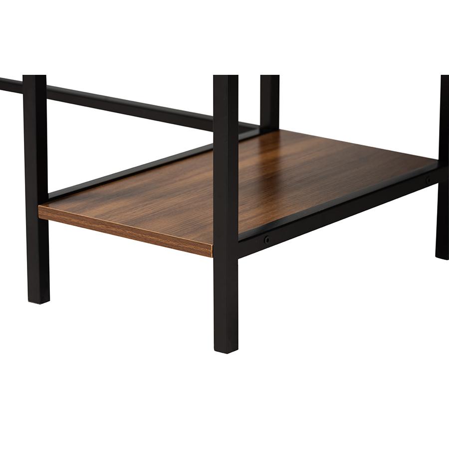 Walnut Brown Finished Wood and Black Metal L-Shaped Corner Desk with Shelves. Picture 6