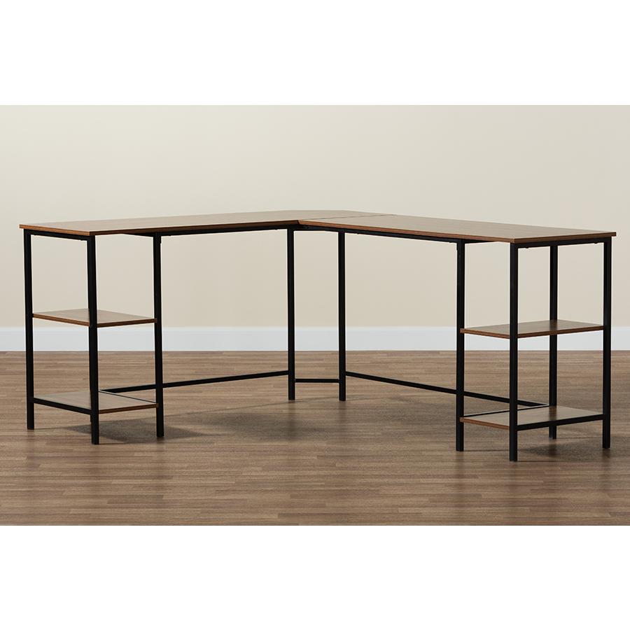 Walnut Brown Finished Wood and Black Metal L-Shaped Corner Desk with Shelves. Picture 9