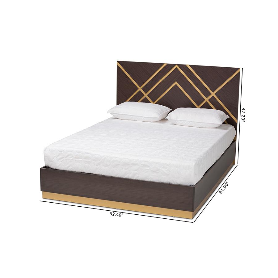 Glam and Luxe Two-Tone Dark Brown and Gold Finished Wood Queen Size Platform Bed. Picture 9