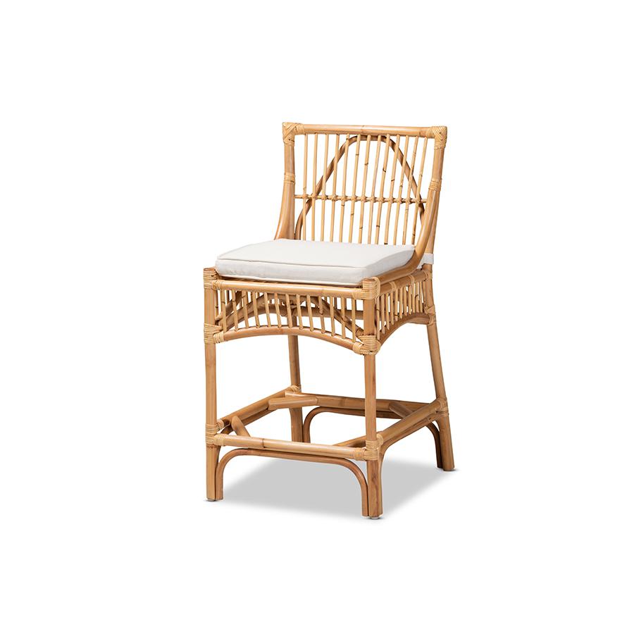 Bohemian White Fabric Upholstered and Natural Brown Rattan Counter Stool. Picture 1