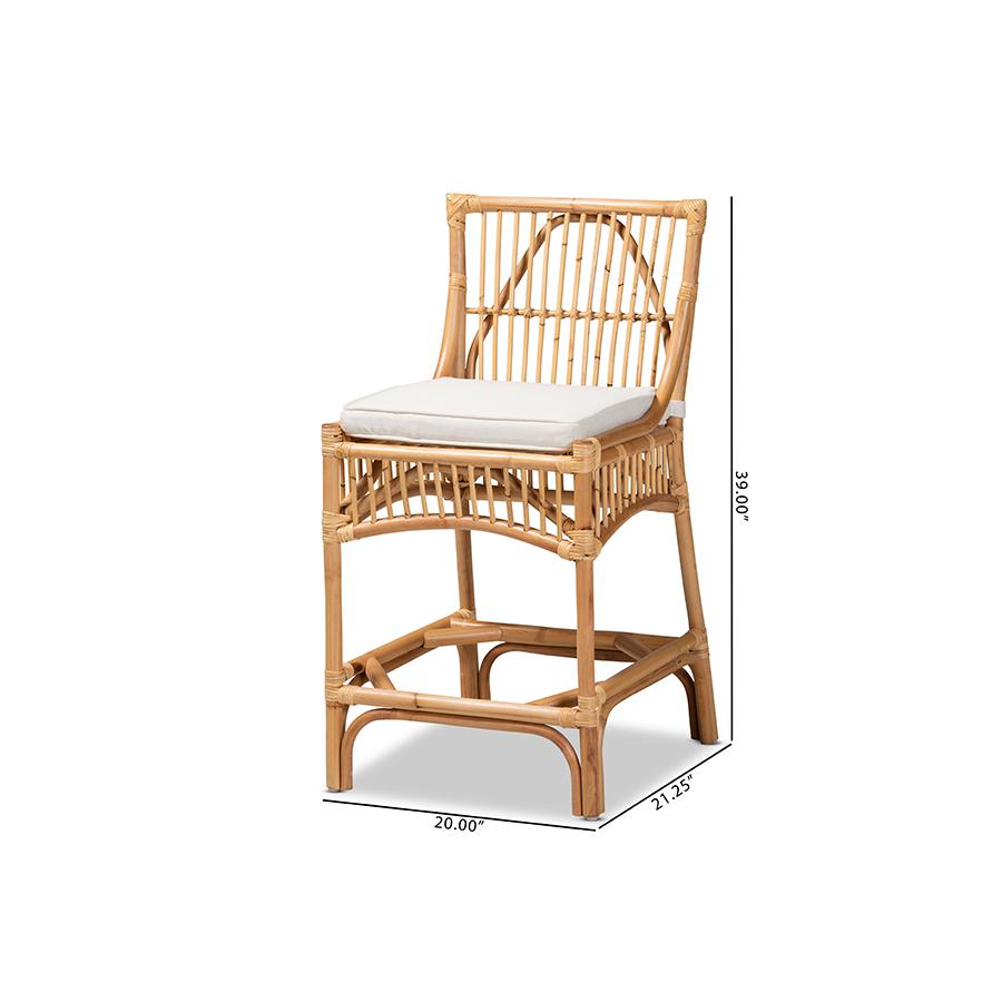 Bohemian White Fabric Upholstered and Natural Brown Rattan Counter Stool. Picture 10