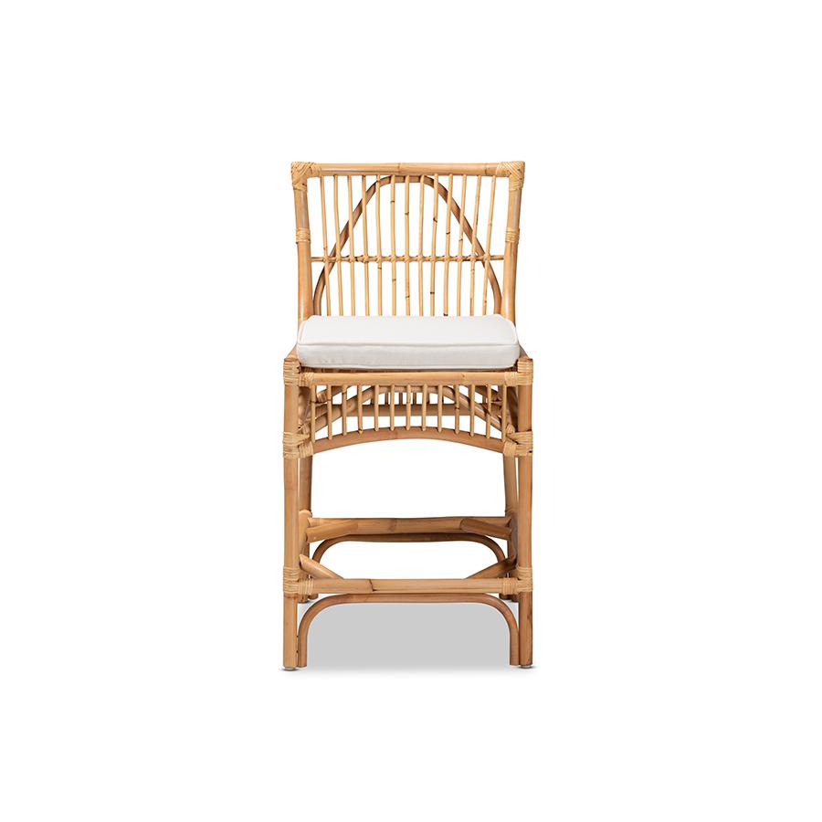 Bohemian White Fabric Upholstered and Natural Brown Rattan Counter Stool. Picture 2