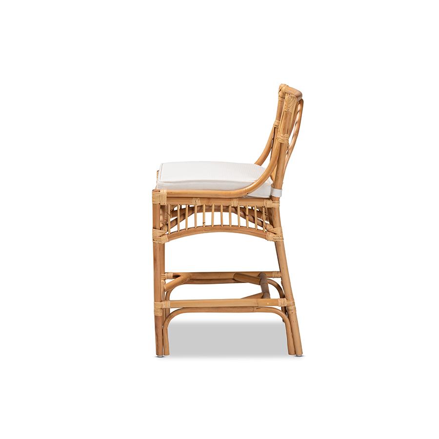Bohemian White Fabric Upholstered and Natural Brown Rattan Counter Stool. Picture 3