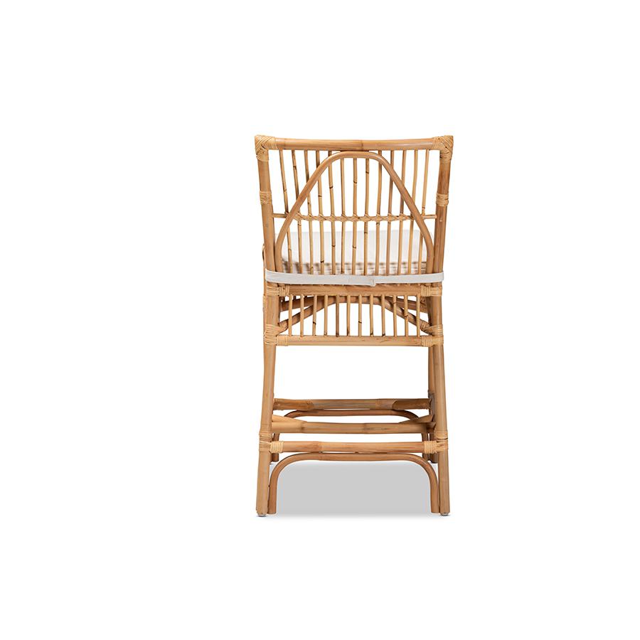 Bohemian White Fabric Upholstered and Natural Brown Rattan Counter Stool. Picture 4