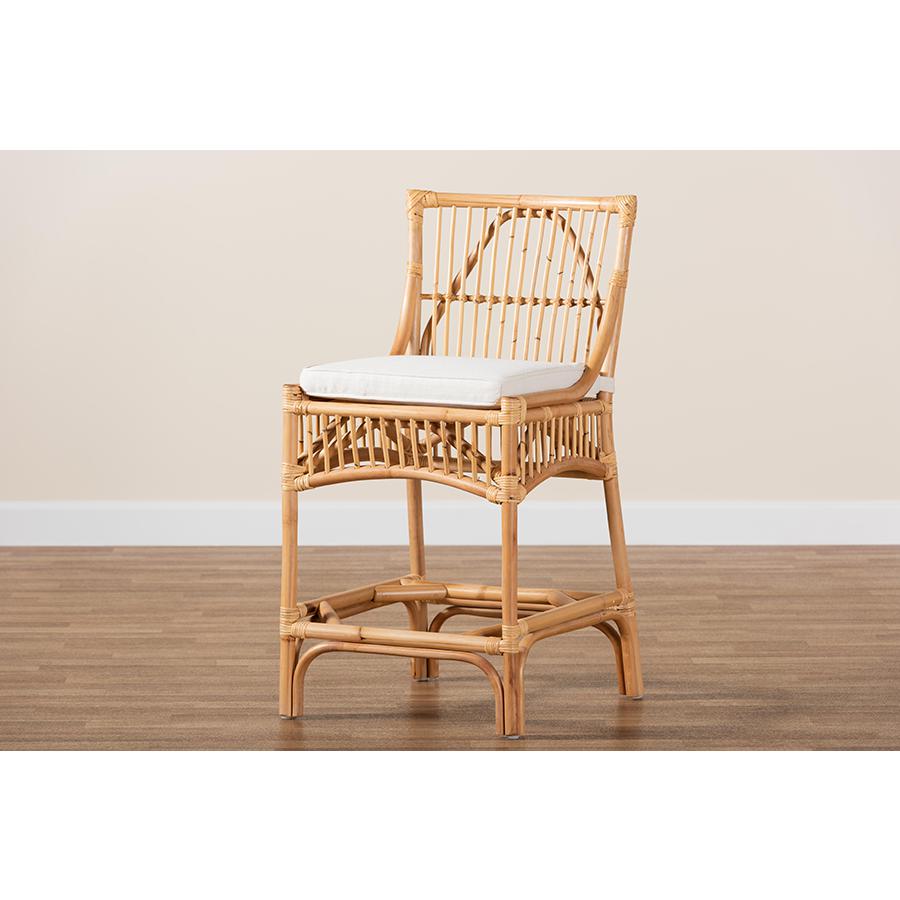 Bohemian White Fabric Upholstered and Natural Brown Rattan Counter Stool. Picture 9